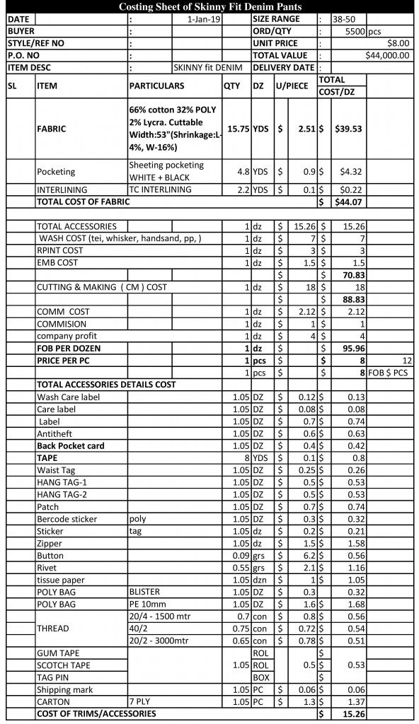 Costing Sheet of Skinny Fit Denim Pant ORDNUR TEXTILE AND FINANCE