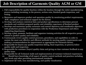 Job Responsibilities of Quality AGM or GM in Apparel Industry