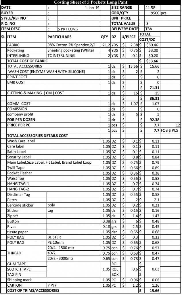 Costing Sheet of Garments Manufacturing ORDNUR