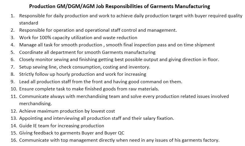 Operation/Production AGM/DGM/GM in Apparel Industry