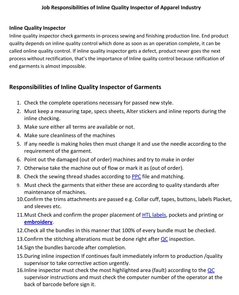 Job Responsibilities of Inline Quality Inspector of Apparel Industry