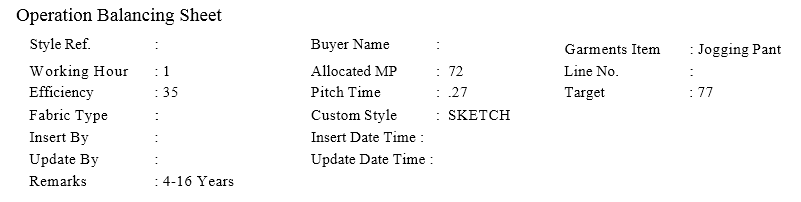 Operation Balancing Sheet of Jogging Pant