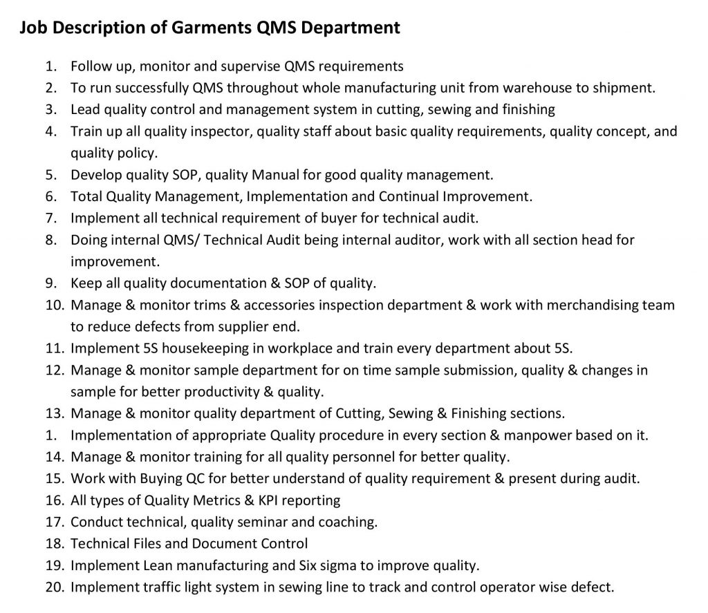 QMS Department Job Responsibilities of Garments Industry