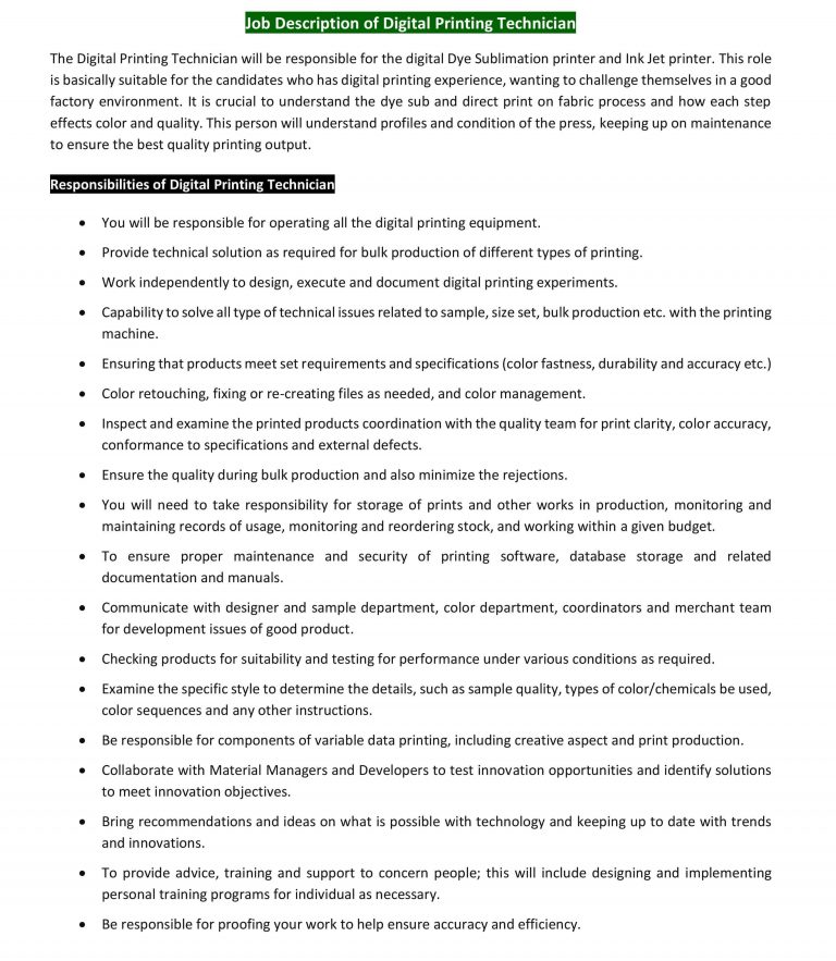 Job Description of a Digital Printing Technician ORDNUR