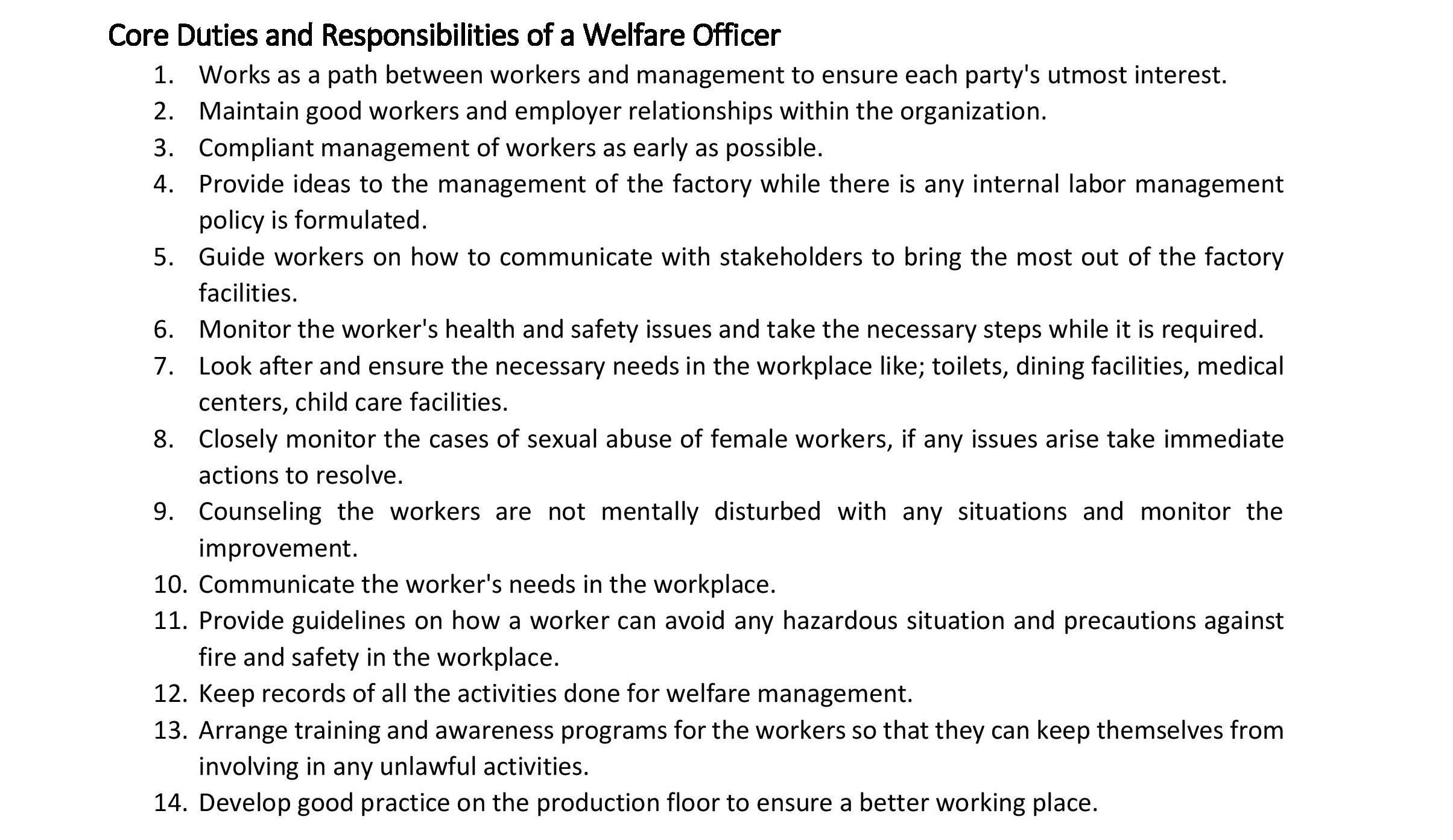 Job Responsibilities of a Welfare Officer ORDNUR