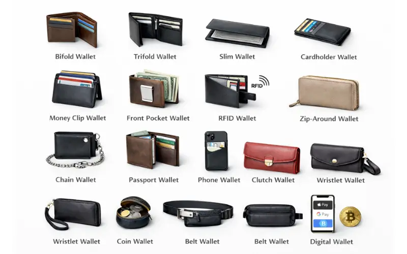 16 different styles of wallets with images