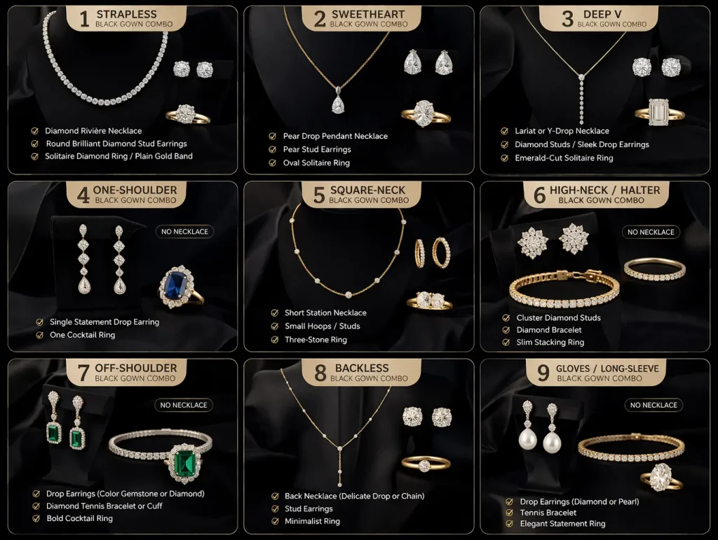 fine jewelry with black gown