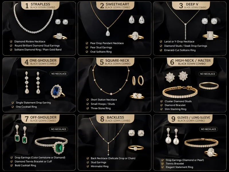 9 Fine Jewelry Combos to Wear With a Black Gown Dress