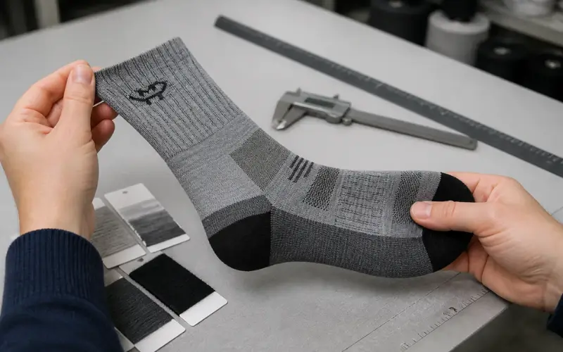 A quality inspector checks the cuff, heel, toe, and zoned knit of a grey merino wool sock